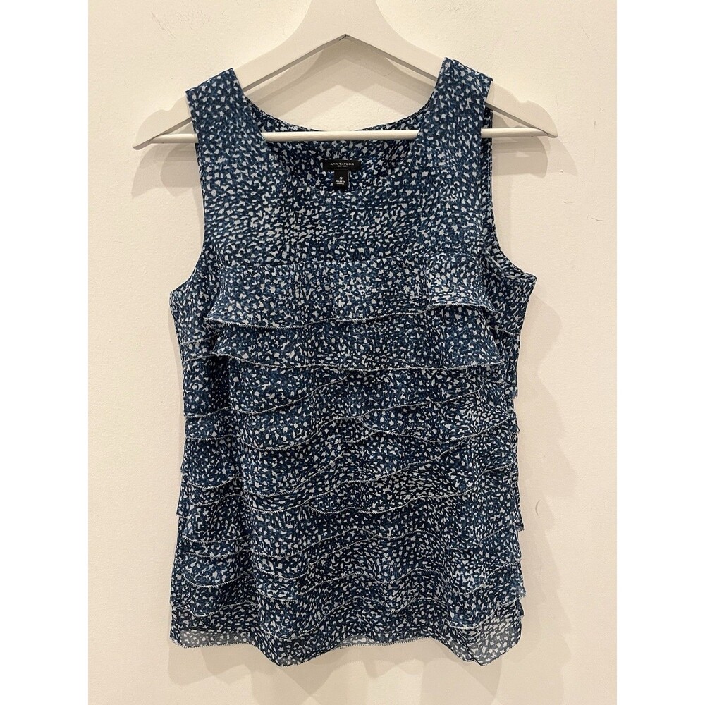 Ann Taylor Ruffle Tiered Top Blouse Women Sz Small Boho blue flowy Sleeveless